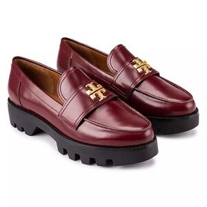 Tory Burch Burgundy Leather Loafers with Gold Logo